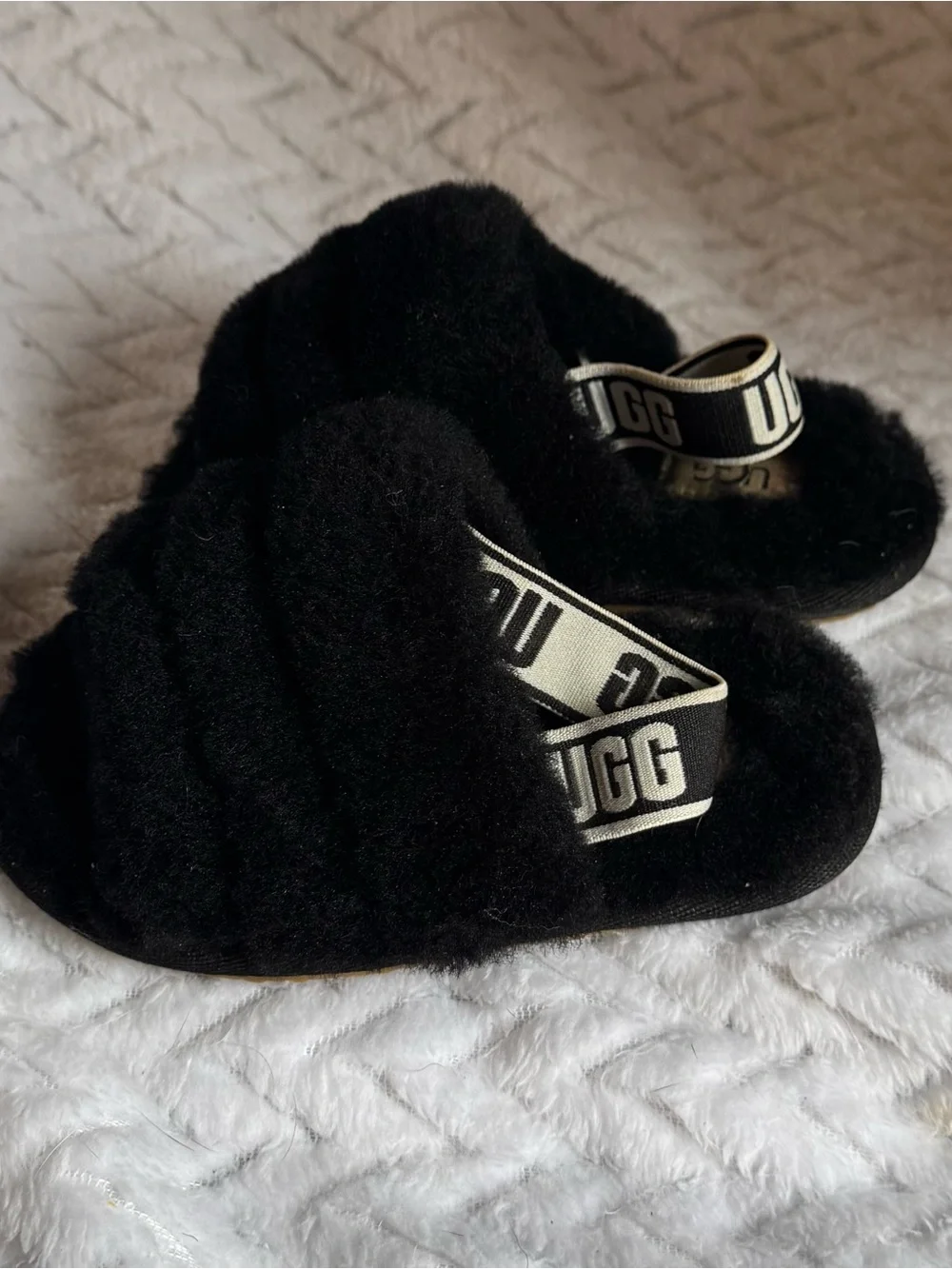 UGG Black Shearling Slide with Branded Elastic Heel Strap